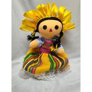 Vintage Handmade Mexican Rag Doll Braids Folk Art Cloth Mexico Soft Dress